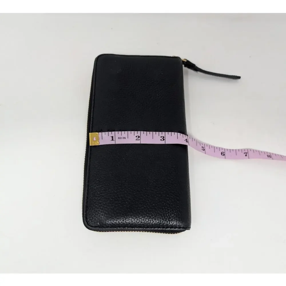 Tory Burch Black Leather Zip Around Wallet Pebbled Logo Continental